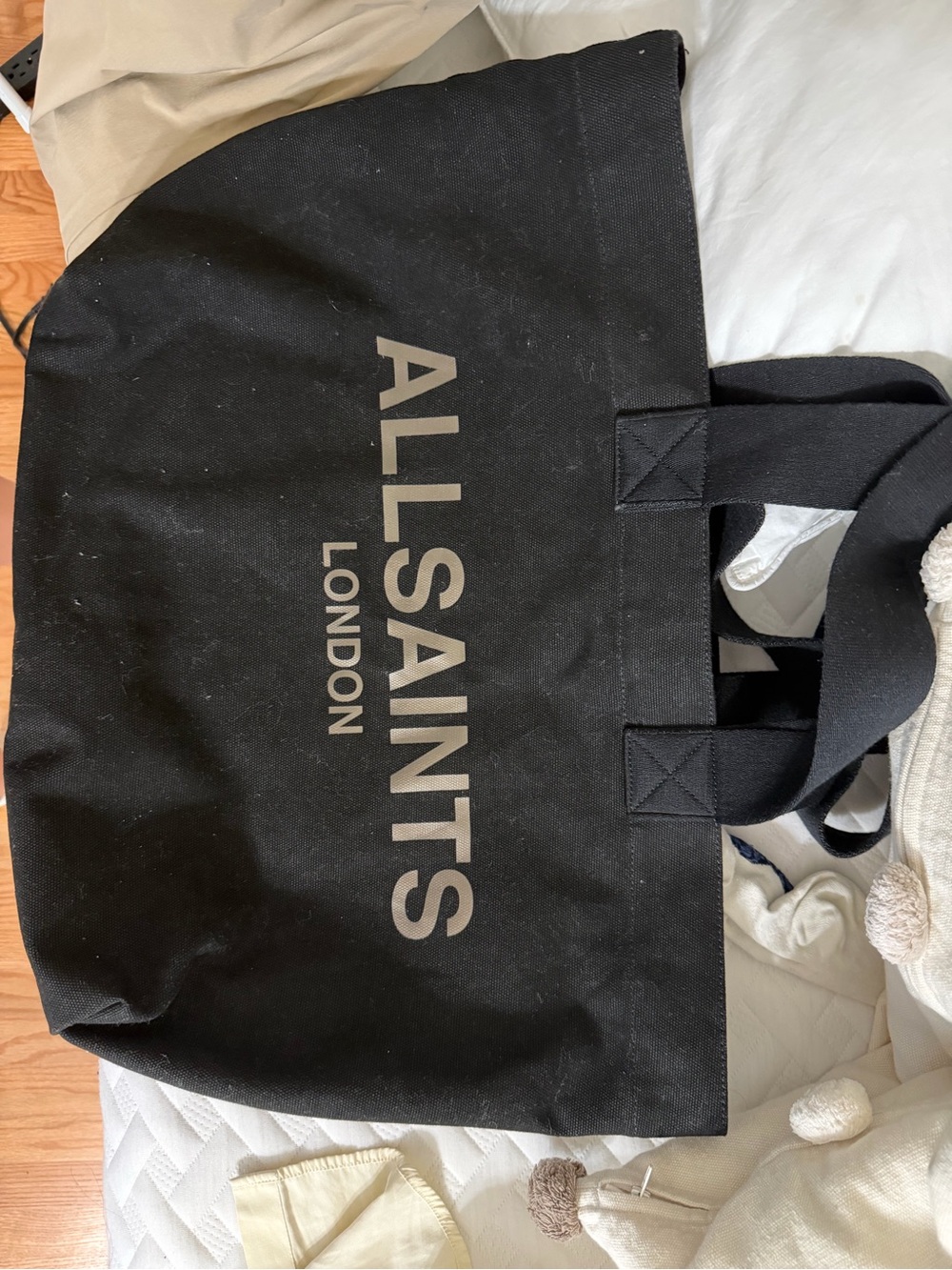 AllSaints Black Canvas Duffel Tote with Contrast Logo